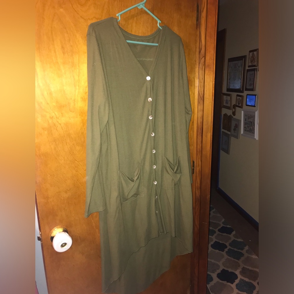 Olive Green Button-Front Long Hi Lo Duster Cardigan Size 2X